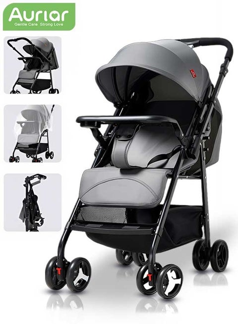 عربة أطفال ثنائية الاتجاه، خفيفة الوزن للسفر مع صينية، مظلة كبيرة جدًا، عجلات ممتصة للصدمات وطي مدمج بلمسة واحدة، مع ناموسية وسلة تخزين، مناسبة من 0 إلى 36 شهرًا