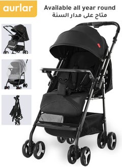 Aurlar Lightweight Two-Way Baby Stroller with Tray and Mosquito Net, Compact Fold, 360° Swivel Wheels with Dual Brakes, Extra-Large Canopy with Viewing Window & Storage Basket – Black, for 0–36 Months  - Image 1