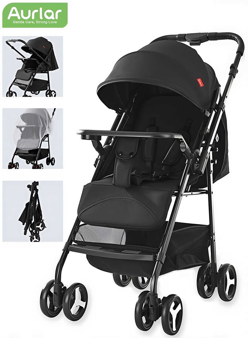Aurlar Two-Way Baby Stroller, Lightweight Travel Stroller with Tray, Extra-Large Canopy, Shock-Absorbing Wheels & One-Click Compact Fold, with Mosquito Net & Storage Basket, for Newborns to 36 Months - Image 1