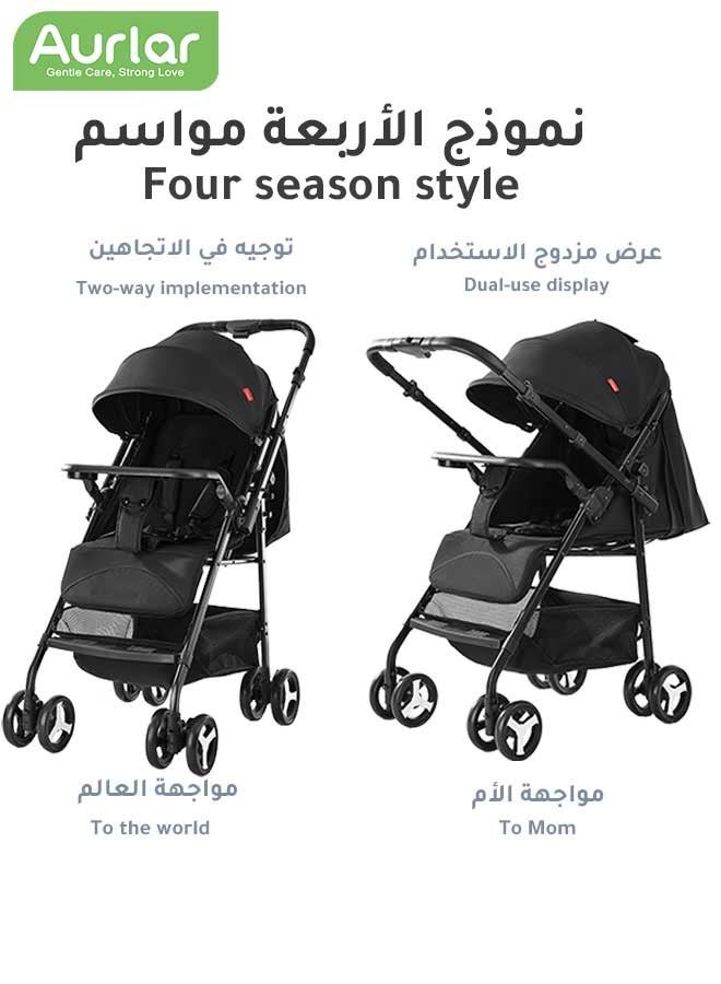 Aurlar Two-Way Baby Stroller, Lightweight Travel Stroller with Tray, Extra-Large Canopy, Shock-Absorbing Wheels & One-Click Compact Fold, with Mosquito Net & Storage Basket, for Newborns to 36 Months - Image 3