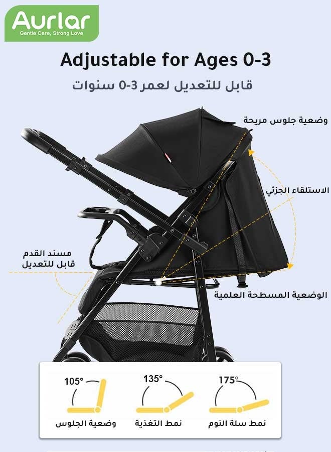 Aurlar Two-Way Baby Stroller, Lightweight Travel Stroller with Tray, Extra-Large Canopy, Shock-Absorbing Wheels & One-Click Compact Fold, with Mosquito Net & Storage Basket, for Newborns to 36 Months - Image 5