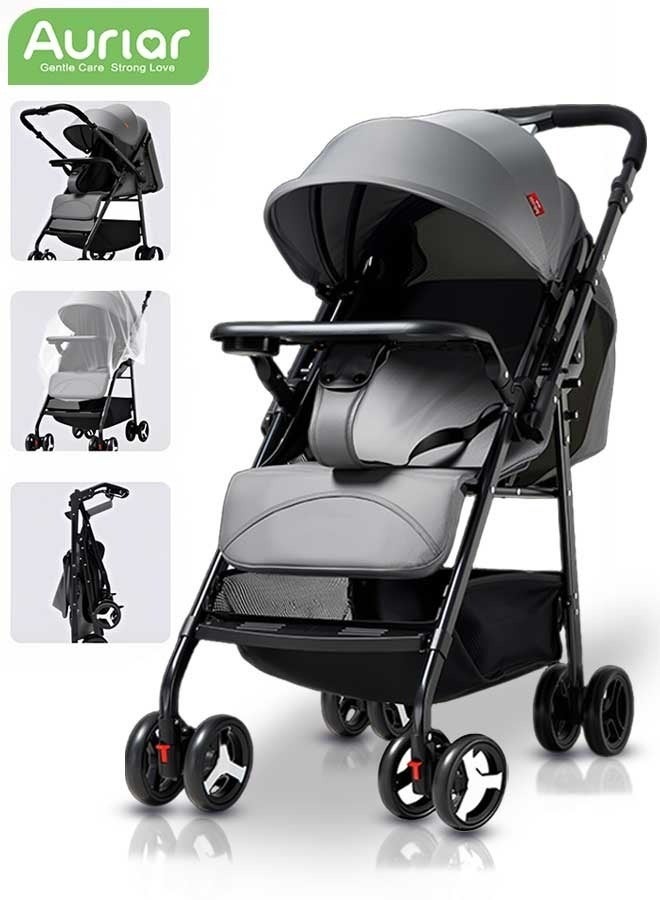 Aurlar Two-Way Baby Stroller, Lightweight Travel Stroller with Tray, Extra-Large Canopy, Shock-Absorbing Wheels & One-Click Compact Fold, with Mosquito Net & Storage Basket, for Newborns to 36 Months - Image 1