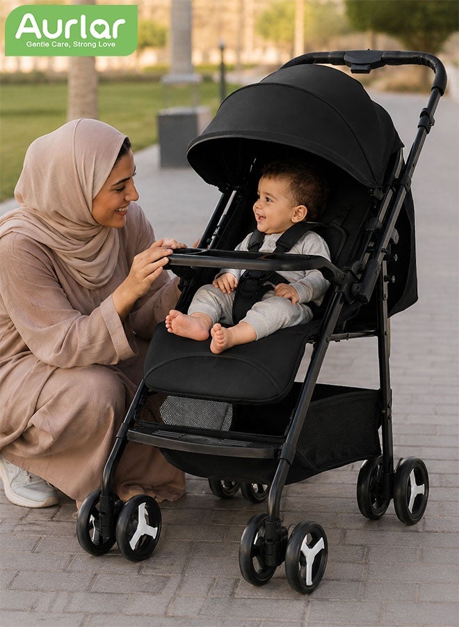 الأورلار عربة أطفال ثنائية الاتجاه، خفيفة الوزن للسفر مع صينية، مظلة كبيرة جدًا، عجلات ممتصة للصدمات وطي مدمج بلمسة واحدة، مع ناموسية وسلة تخزين، مناسبة من 0 إلى 36 شهرًا - Image 5