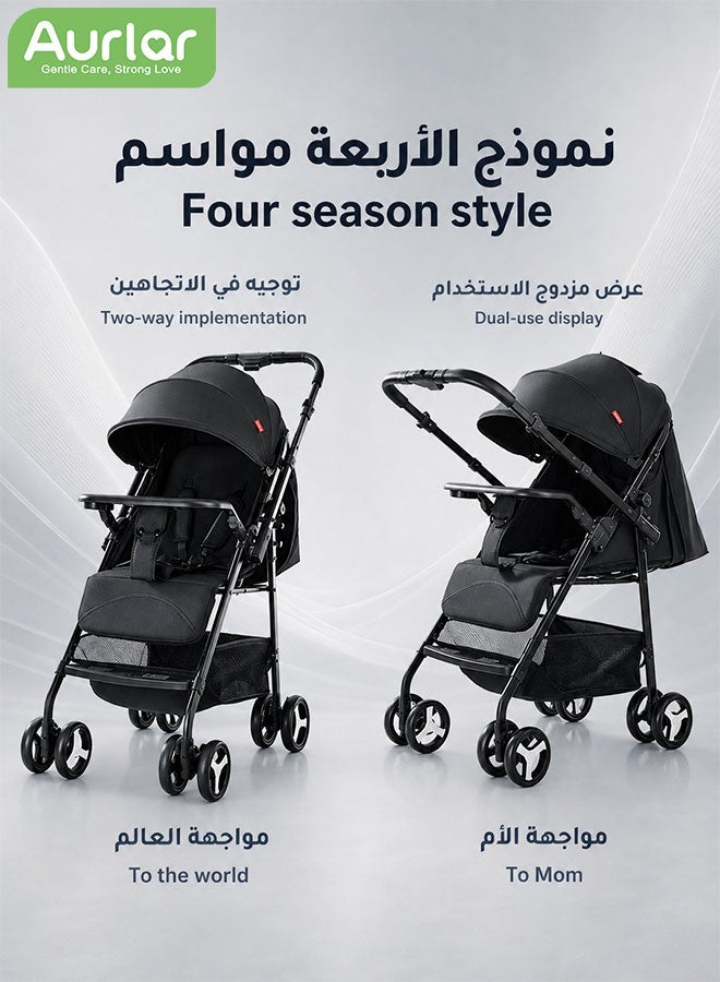 الأورلار عربة أطفال ثنائية الاتجاه، خفيفة الوزن للسفر مع صينية، مظلة كبيرة جدًا، عجلات ممتصة للصدمات وطي مدمج بلمسة واحدة، مع ناموسية وسلة تخزين، مناسبة من 0 إلى 36 شهرًا - Image 3