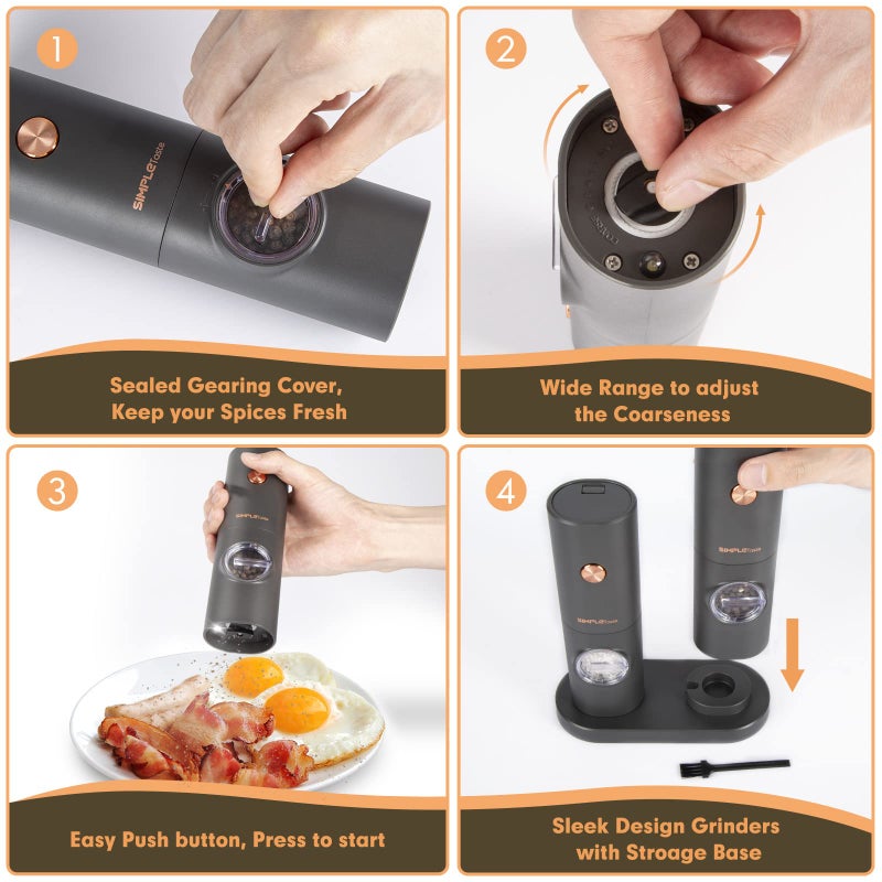 SIMPLETASTE Electric Salt and Pepper Grinder Set with LED Light, Automatic Pepper Mill Shakers with Adjustable Coarseness, One Hand Operation for Kitchen, Dining, Gifting, Space Gray, Battery Operated - Image 5
