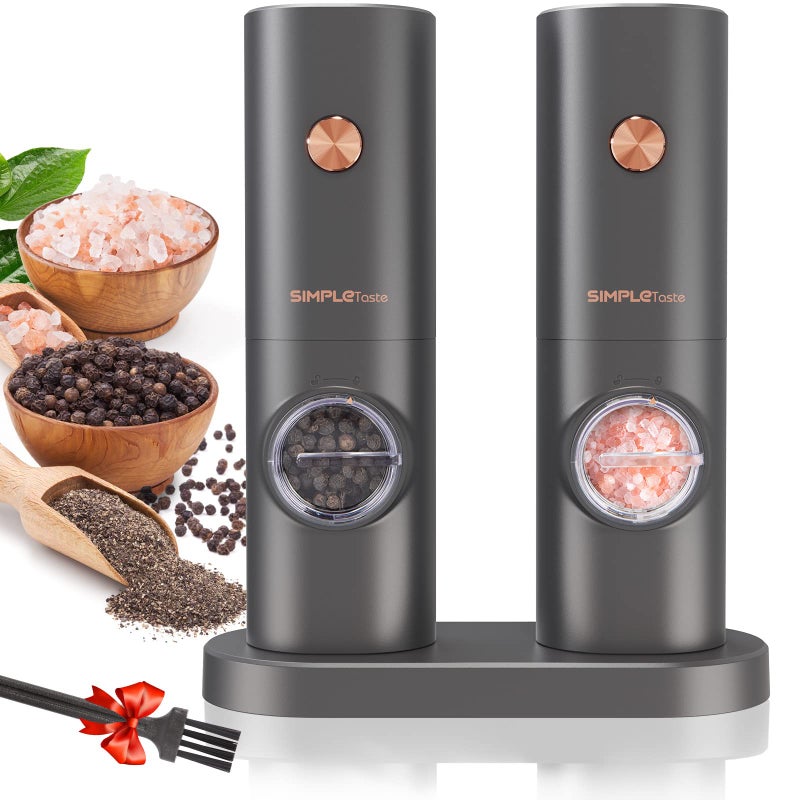 SIMPLETASTE Electric Salt and Pepper Grinder Set with LED Light, Automatic Pepper Mill Shakers with Adjustable Coarseness, One Hand Operation for Kitchen, Dining, Gifting, Space Gray, Battery Operated - Image 1