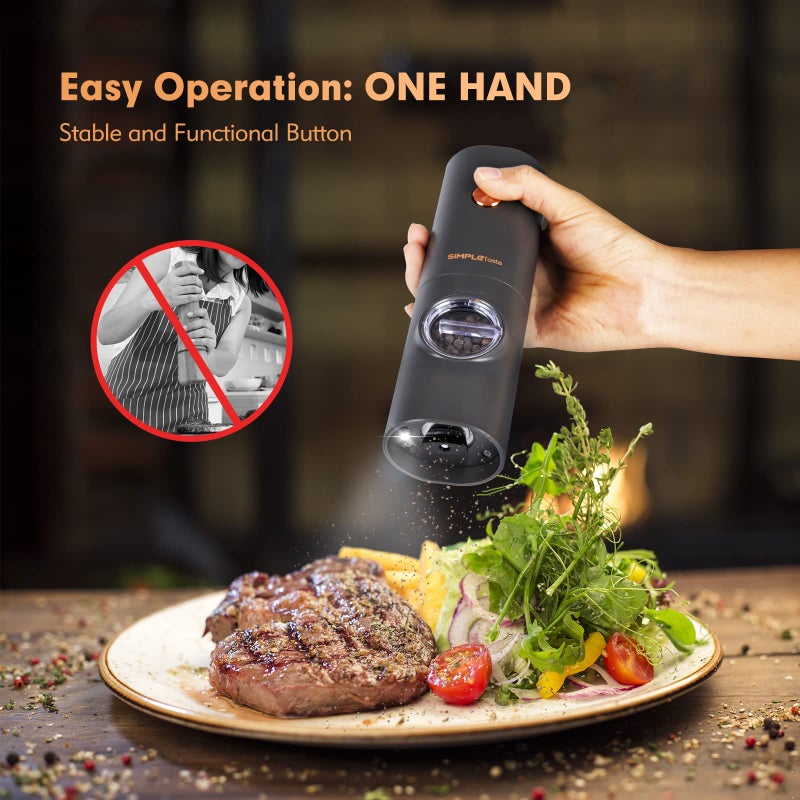 SIMPLETASTE Electric Salt and Pepper Grinder Set with LED Light, Automatic Pepper Mill Shakers with Adjustable Coarseness, One Hand Operation for Kitchen, Dining, Gifting, Space Gray, Battery Operated - Image 2