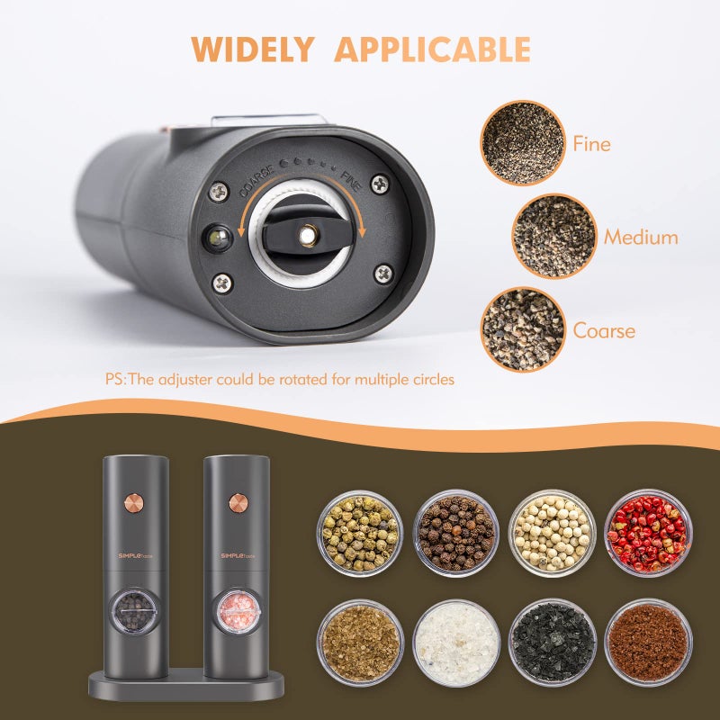 SIMPLETASTE Electric Salt and Pepper Grinder Set with LED Light, Automatic Pepper Mill Shakers with Adjustable Coarseness, One Hand Operation for Kitchen, Dining, Gifting, Space Gray, Battery Operated - Image 3