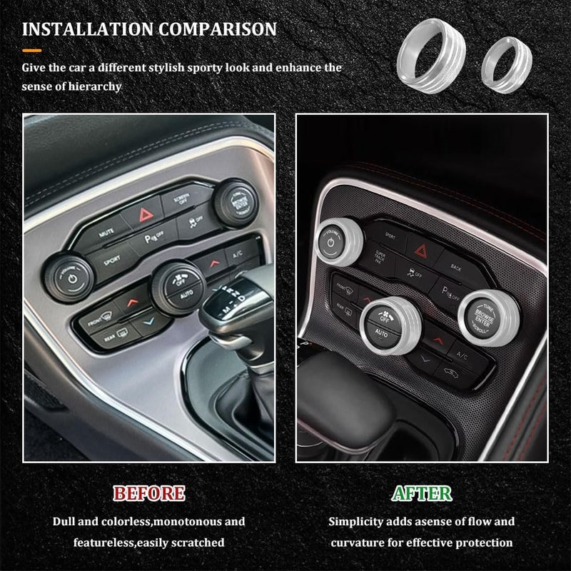 RGOAANC 3PCS Air Conditioner Switch Button Knob Cover, Aluminum Alloy Trim Cover, Air Conditioner Knob Ring, Trailer Gear Switch Knob Cover Compatible with Dodge Challenger Durango 2015-2022 (Silver) - Image 5