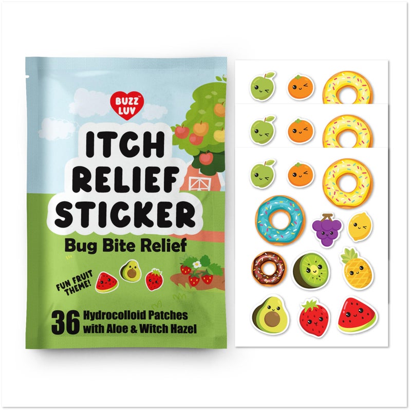 Buzzluv Hydrocolloid Itch Relief Patch, for Mosquitos, Ticks, Midges, Sandflies Bug bite Relief, Anti-Itch Patch with Aloe and Witch Hazel, Insect bite Relief, Kid-Friendly, Natural Fruit Theme - Image 1