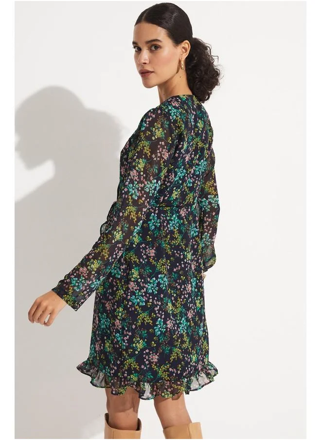 JUNE June Floral Patterned Chiffon Dress Navy