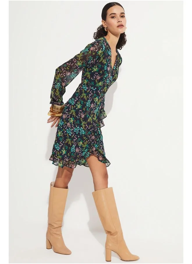 JUNE June Floral Patterned Chiffon Dress Navy