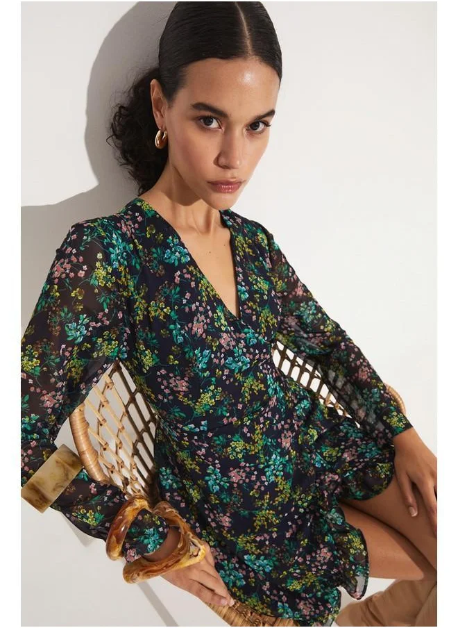 JUNE June Floral Patterned Chiffon Dress Navy