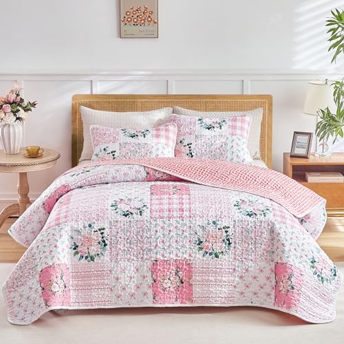 Joyreap 3 Pieces Floral Patchwork Quilt Set King, Pink n White Flowers Design, Soft n Cozy Microfiber Quilt, Bedspread Bed Cover for All Season, 1 Quilt and 2 Pillow Shams- 102x90 inches - Image 1