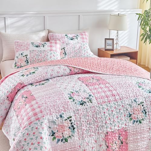 Joyreap 3 Pieces Floral Patchwork Quilt Set King, Pink n White Flowers Design, Soft n Cozy Microfiber Quilt, Bedspread Bed Cover for All Season, 1 Quilt and 2 Pillow Shams- 102x90 inches - Image 5