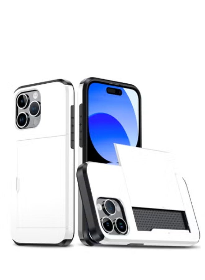 GULFLINK iPhone 15 Pro Case with Card Holder Heavy Duty Protective Dual Layer Shockproof Hidden Card Slot Wallet Case White - Image 1