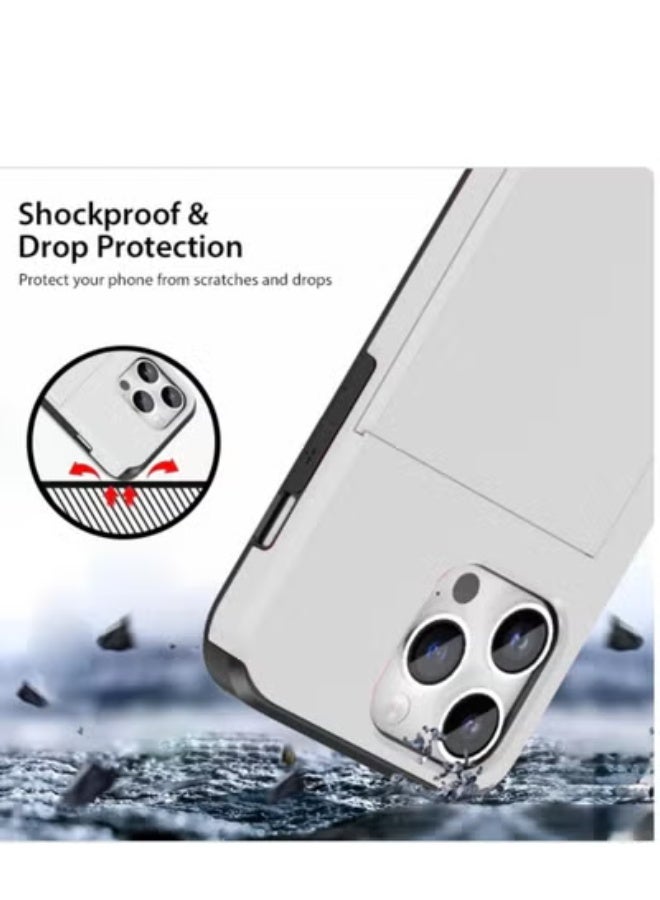 GULFLINK iPhone 15 Pro Case with Card Holder Heavy Duty Protective Dual Layer Shockproof Hidden Card Slot Wallet Case White - Image 4