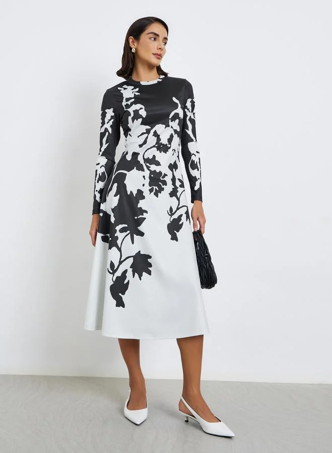 Styli Floral Print A-Line Midi Dress