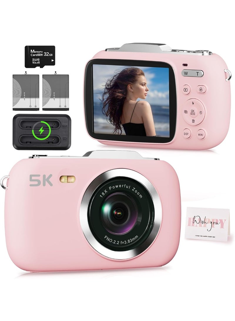 Digital Camera,5K Cameras for Photography,80MP UHD Portable Vlogging Camera,Cheap 18X Zoom Travel Point and Shoot Camera with 64GB TF Card,Photography Cameras for Beginners Teen - Pink