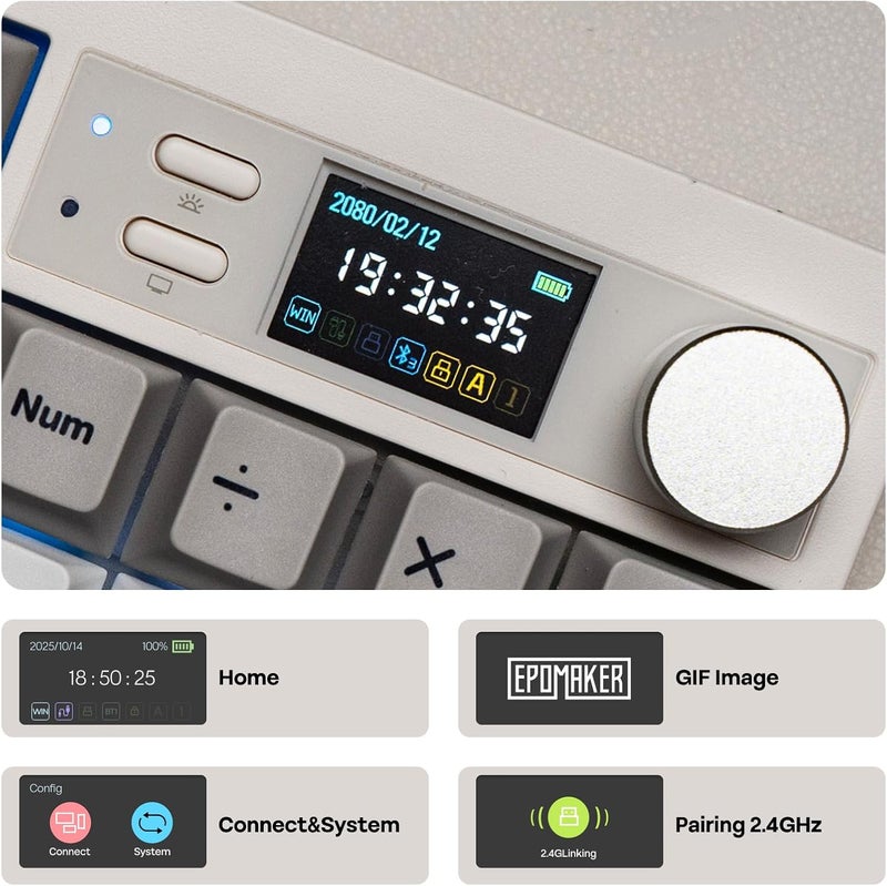 EPOMAKER QK108 Full Size Mechanical Keyboard with Screen & Knob, 8000mA, QMK/VIA, Creamy&Thocky, Gasket, RGB Backlit, Mac Keycap, Wireless Gaming Keyboard (White Cyan, Sea Salt Silent) - Image 3