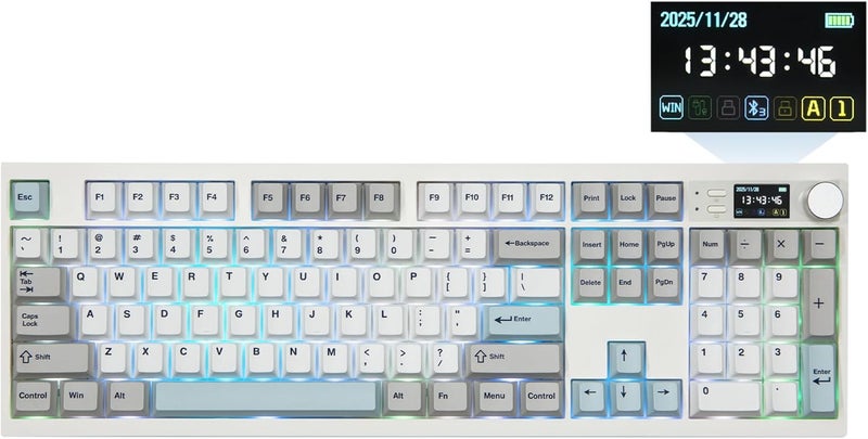 EPOMAKER QK108 Full Size Mechanical Keyboard with Screen & Knob, 8000mA, QMK/VIA, Creamy&Thocky, Gasket, RGB Backlit, Mac Keycap, Wireless Gaming Keyboard (White Cyan, Sea Salt Silent) - Image 1