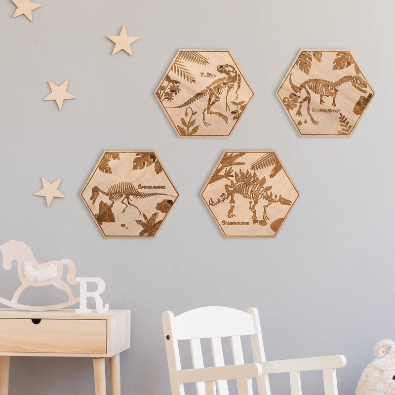 Maitys 4 Pcs Dinosaur Room Wall Decor for Boys 5.1'' x 5.9'' Wooden Dino Wall Art for Kids Baby Nursery Playroom Bedroom Classroom Decorations - Image 1