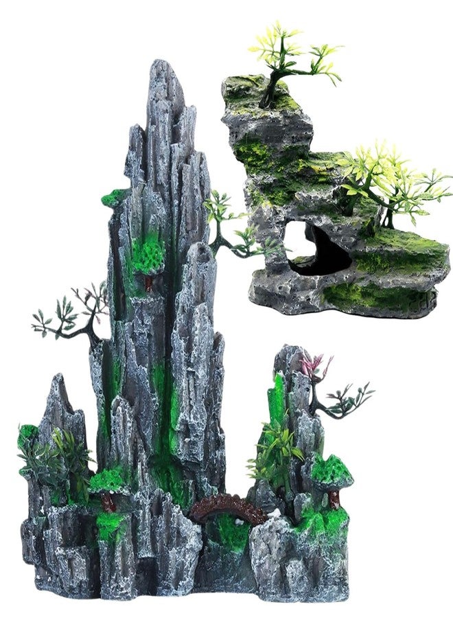Saim 2Pack Aquarium Decorations-Mountain View Stone Ornament, Fish Tank Rock Decor & Aquatic Plant Background for Freshwater/Saltwater Tanks - Image 1