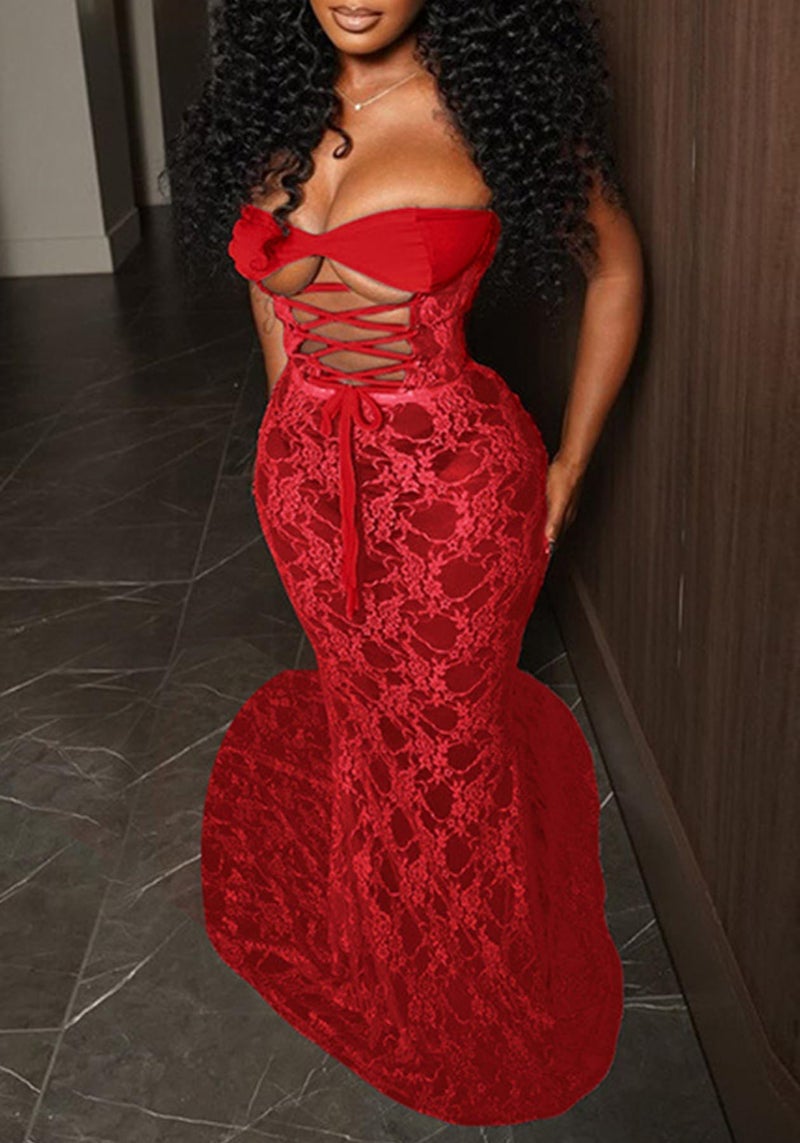 Unybwonn Women's Strapless Lace Dress Bodycon Mesh See Through Lace Up Corset Tube Sheer Mermaid Sexy Party Maxi Dresses Red - Image 3