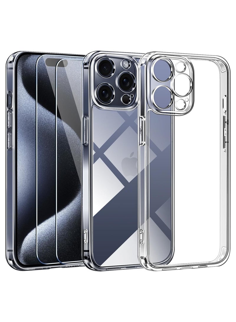 ELTRAZONE Clear Case Compatible with iPhone 15 Pro Max 6.7" [Long Lasting Clarity] [Military Grade Drop Protection], 1 Phone Case + 2 Tempered Glass Screen Protector, Shockproof Hard Slim Cover - Clear - Image 1