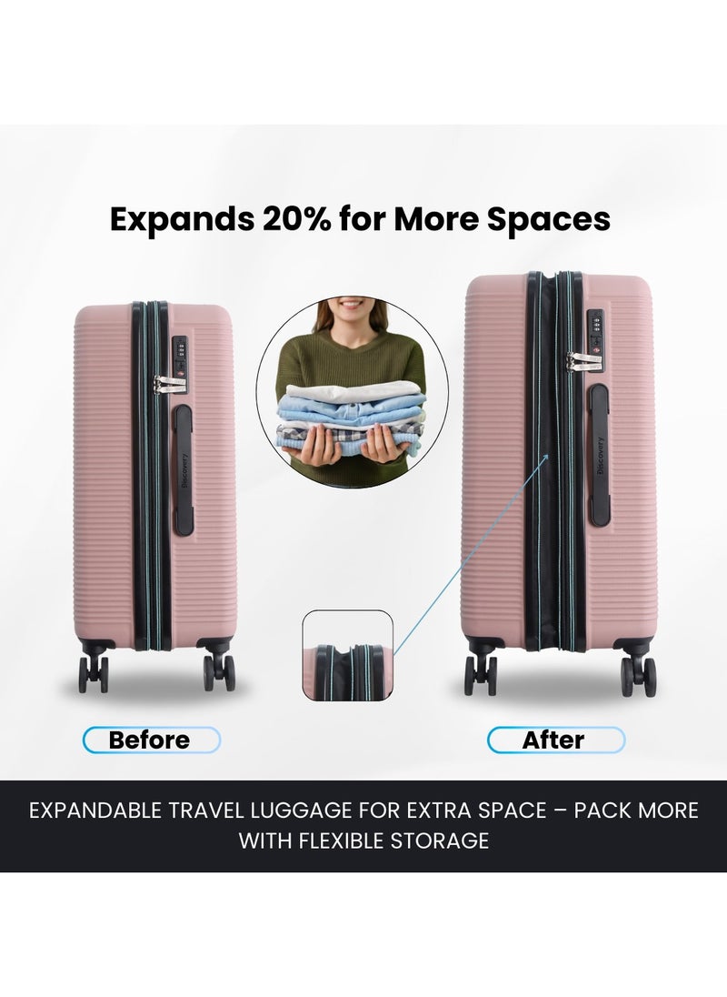 Discovery - Discovery Eclipse ABS Hardside Travel Luggage Set, Durable Lightweight 4 Double Wheel Bag, Extra Secure Combination Lock Suitcase 3 Pcs, Expandable Trolley Small,Medium,Large(20+24+28 Inch)Pink - Image 1