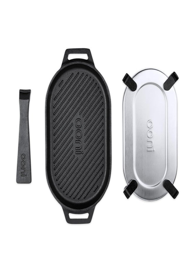 ooni Cast Iron Grizzler Pan - Grill Frying Pan, 12" x 6" Griddle Plate with Removable Handle and Stainless Steel Trivet, Pre-Seasoned Non-Stick Oven Safe Cookware, Pizza Oven and BBQ Accessories - Image 1