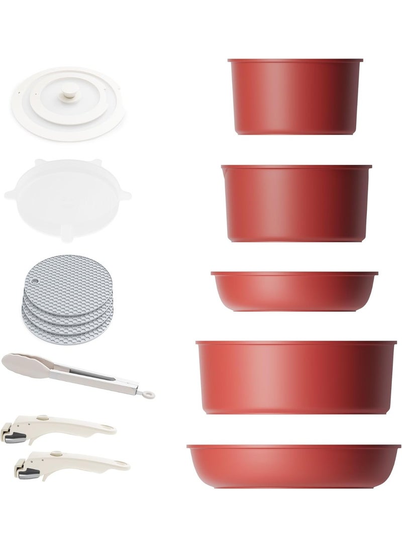 Caannasweis 14 Pieces Detachable Nonstick Cookware Set - Stackable Induction Pots and Pans With Removable Handles, Dishwasher Safe - For RV Camping, Compatible with Induction Cookers Gas And Electric Stoves All Stoves，Oven and Stovetop Use, Red - Image 1