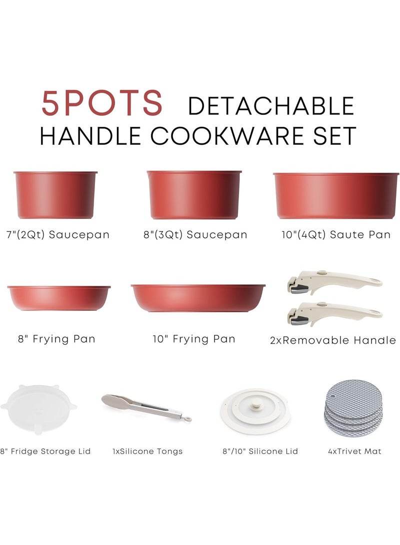 Caannasweis 14 Pieces Detachable Nonstick Cookware Set - Stackable Induction Pots and Pans With Removable Handles, Dishwasher Safe - For RV Camping, Compatible with Induction Cookers Gas And Electric Stoves All Stoves，Oven and Stovetop Use, Red - Image 2