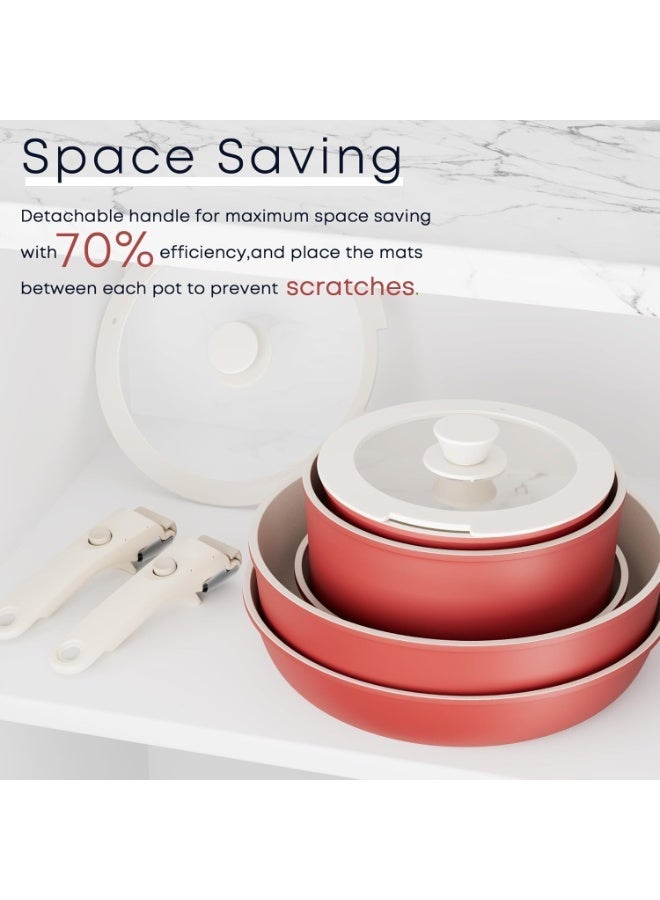 Caannasweis 14 Pieces Detachable Nonstick Cookware Set - Stackable Induction Pots and Pans With Removable Handles, Dishwasher Safe - For RV Camping, Compatible with Induction Cookers Gas And Electric Stoves All Stoves，Oven and Stovetop Use, Red - Image 3