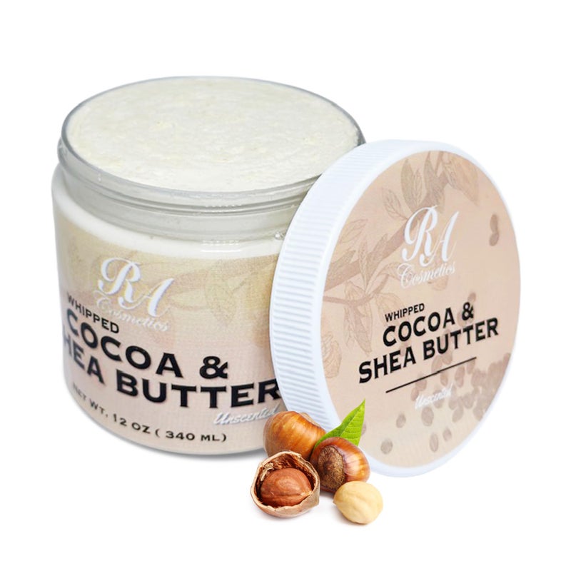 RA COSMETICS Whipped Cocoa & Shea Butter, Unscented - 12oz | 100% Pure & Natural Skin Moisturizer with Coconut Oil | Vitamin-Rich Body Butter for Soft, Supple, and Radiant Skin & Healthy Hairs - Image 1