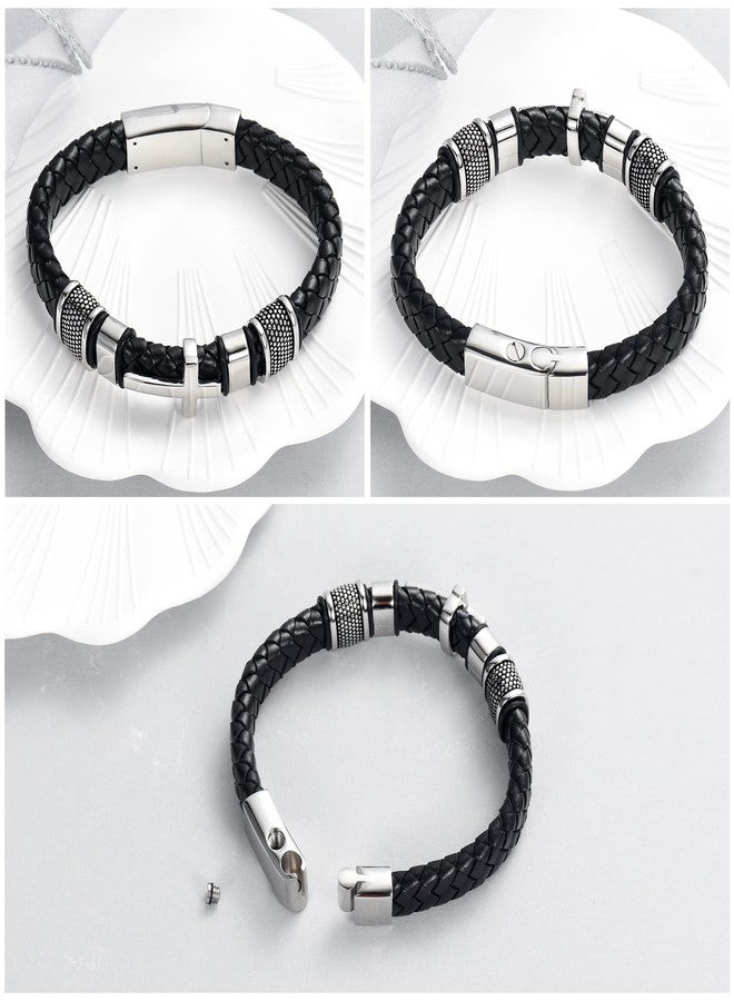 Minicremation Urn Bracelet for Ashes Genuine Leather Cross Cremation Jewelry Keepsake Bangles for Human Pet Memorial Urn Locket(Silver 22cm) - Image 3