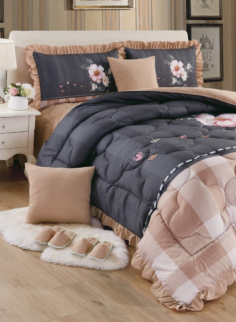 Moon Bed In A Bag Medium Filling King Size Comforter Set, 10 Pcs Floral Bedding Set Size 220 X 240 Cm with Comforter, Quilted Bed Skirt, Pillowcases, Cushion & Bedroom Slipper, Multicolor  - Image 1