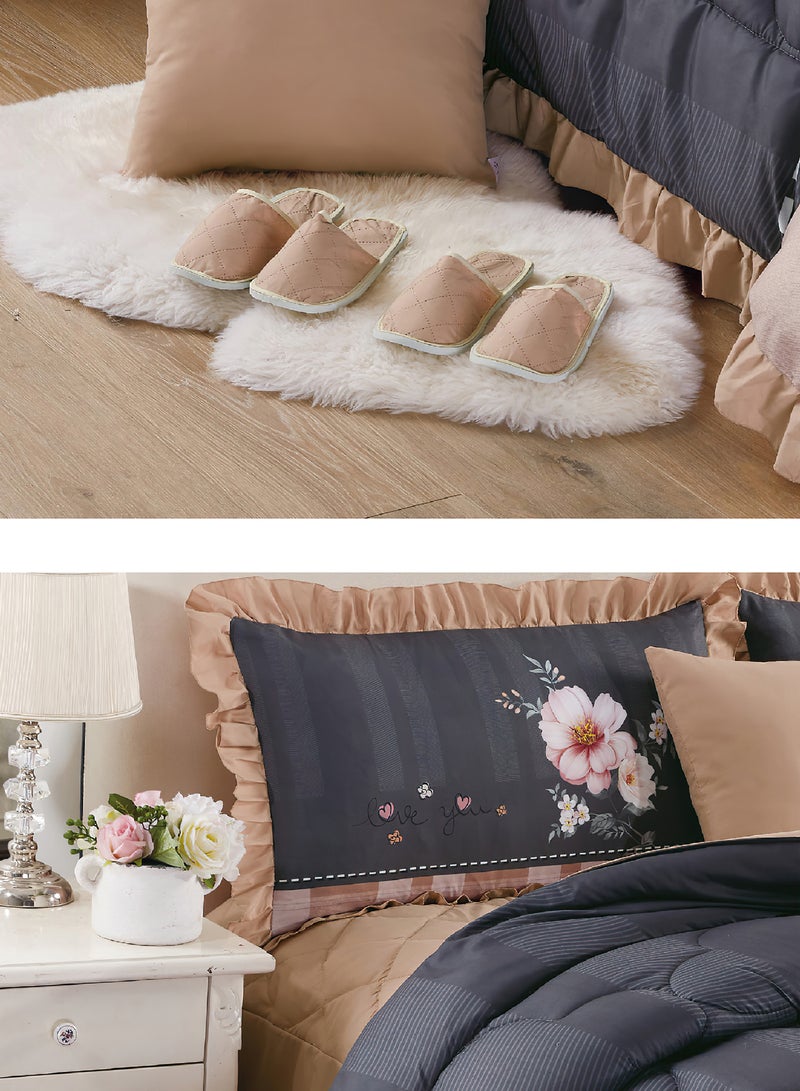 Moon Bed In A Bag Medium Filling King Size Comforter Set, 10 Pcs Floral Bedding Set Size 220 X 240 Cm with Comforter, Quilted Bed Skirt, Pillowcases, Cushion & Bedroom Slipper, Multicolor  - Image 3