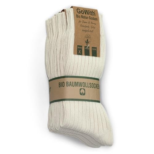 GoWith 4 Pairs Unisex Natural 97% Cotton Crew Socks, Comfy Cozy Breathable Seamless Casual Socks for Men & Women, Ecru, Medium, Model 3013 - Image 1