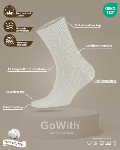 GoWith 4 Pairs Unisex Natural 97% Cotton Crew Socks, Comfy Cozy Breathable Seamless Casual Socks for Men & Women, Ecru, Medium, Model 3013 - Image 2