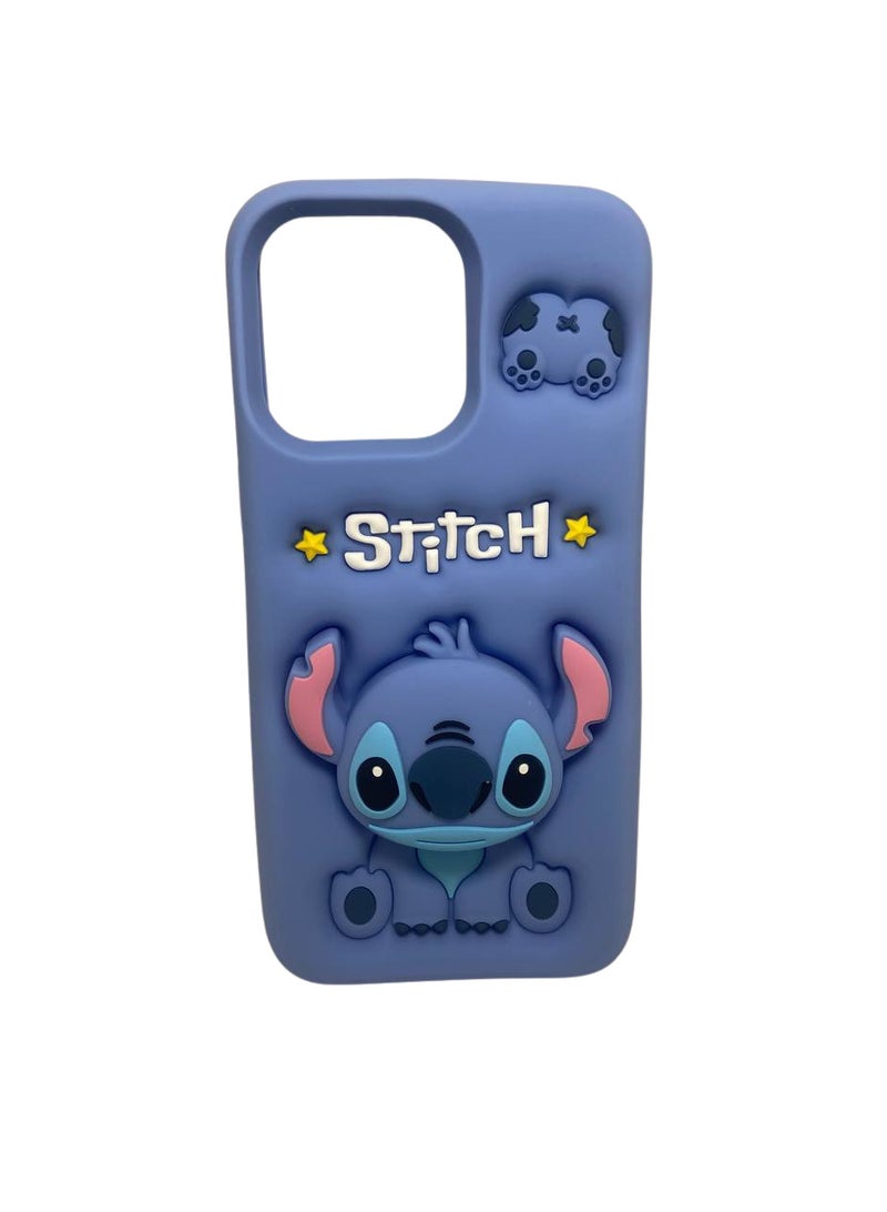3D Cartoon Case for iPhone 14 Pro Max / 15 Pro Max, All-Round Protection, Anti-Slip Cover (Stitch Blue With PoP Socket) - Image 1