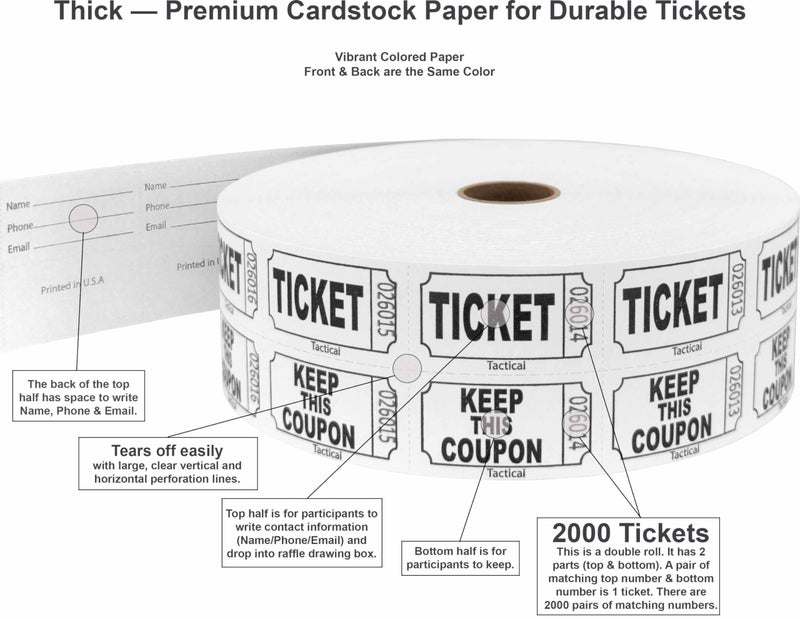 Tacticai 2000 Raffle Tickets, White (1 of 8 Colors), Double Roll, Tickets for Events, Entry, Class Reward, Fundraiser & Prizes - Image 2