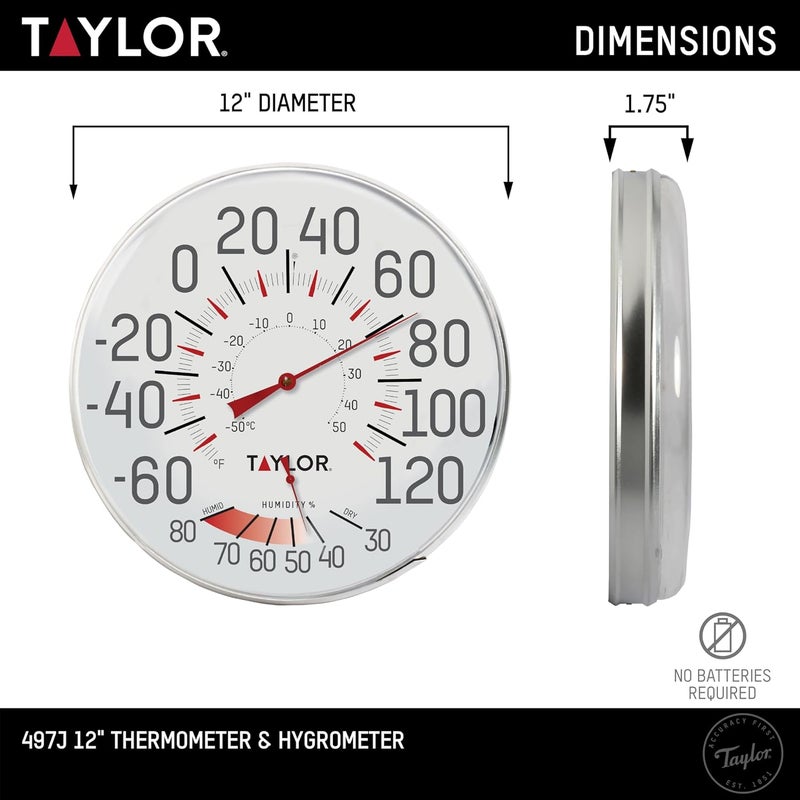 Taylor Metal Wall Indoor Outdoor Thermometer and Hygrometer, Easy to Read Numbers for Patio, Pool, and Indoor Areas, 12 inch, White - Image 3