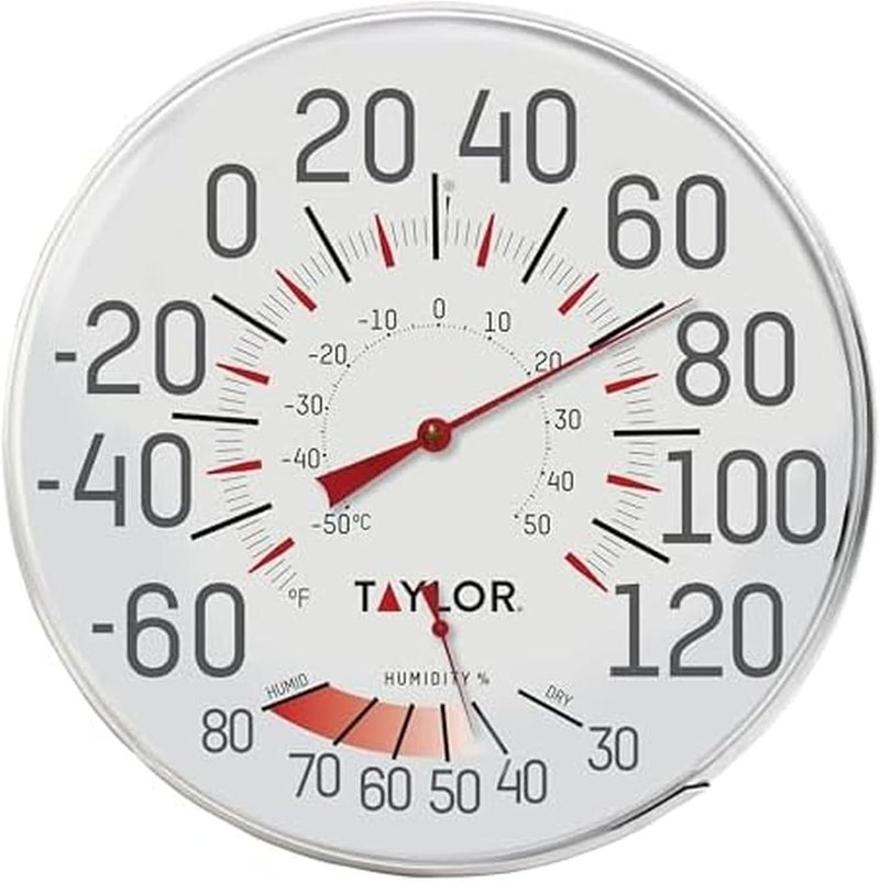 Taylor Metal Wall Indoor Outdoor Thermometer and Hygrometer, Easy to Read Numbers for Patio, Pool, and Indoor Areas, 12 inch, White - Image 1
