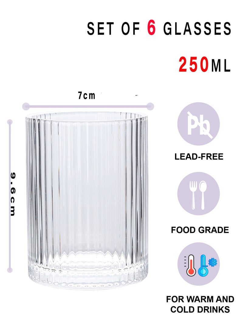 6 أكواب شرب شفافة مضلعة بقاعدة سميكة سعة 250 مل - أكواب زجاجية بتصميم مخطط عمودي لتقديم المشروبات والاستخدام اليومي - Image 2