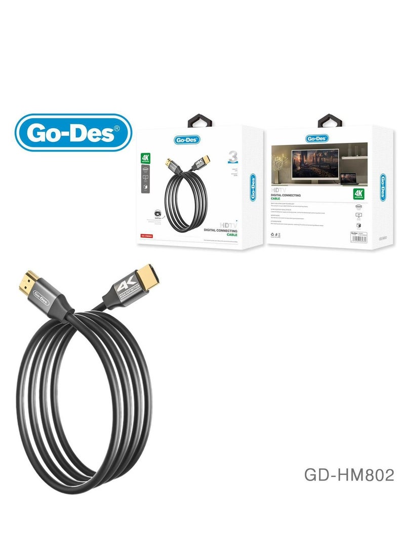 GO-DES GD HM802 3 Meter HDMI 4K High Definition Gold Plated Interface HDTV Digital Connecting Cable Black - Image 1