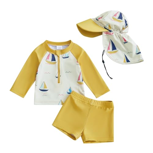 DuAnyozu Baby Boys Swimsuit Long Sleeve Rash Guard Swimwear Baby Boy Swim Trunk with Hat Toddler 4th of July Bathing Suit (Sailboat-Yellow, 6-12 Months) - Image 1
