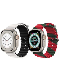 Silicone Ocean Band Strap for Apple Watch Ultra 8 49mm White/Black Double Side Strap with Red/Green Double Line Strap Set of 2