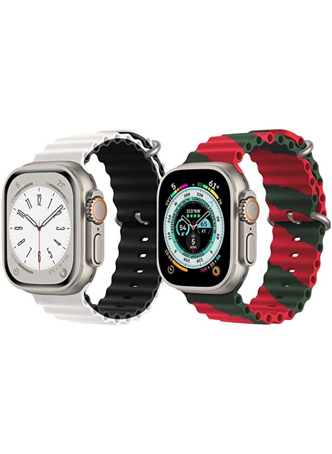 vesus - Silicone Ocean Band Strap for Apple Watch Ultra 8 49mm White/Black Double Side Strap with Red/Green Double Line Strap Set of 2 - Image 1