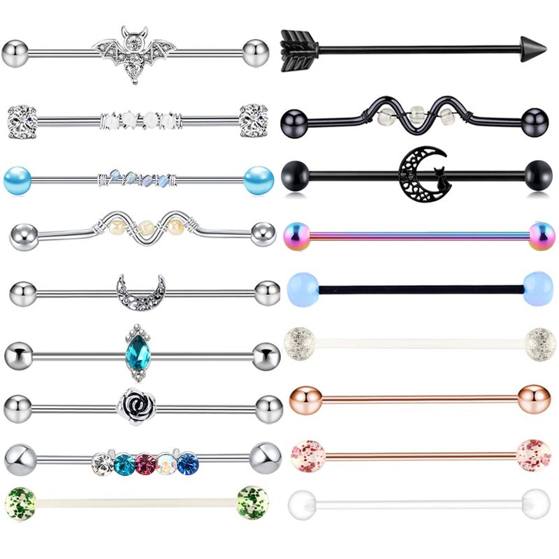Suotarn 14G Industrial Barbell Earrings Stainless Steel Long Cartilage Helix Conch Body Piercing Jewelry 7-18pcs (mix 18pcs) - Image 1